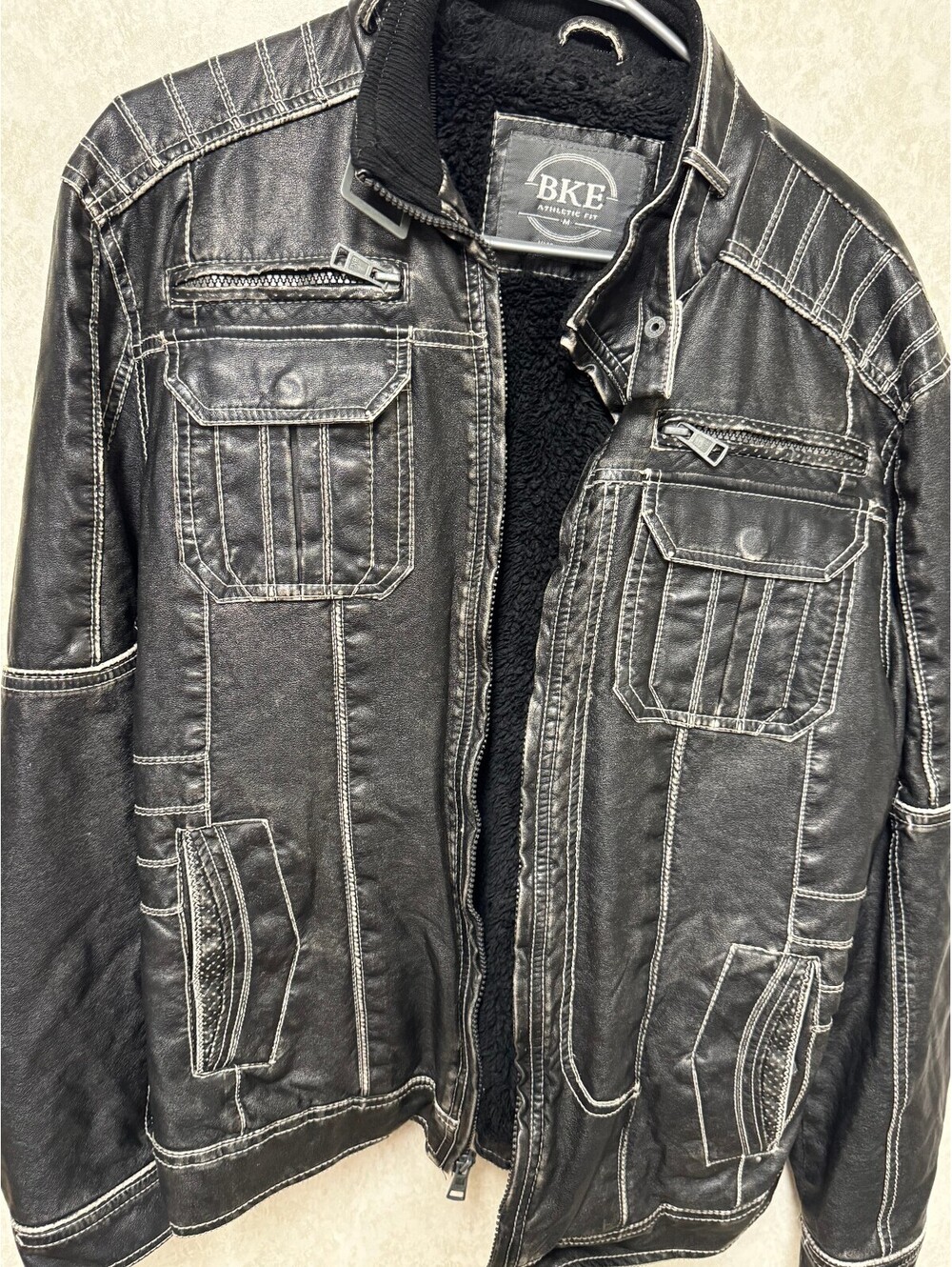 BKE Athletic Fit Sherpa-Lined Faux Leather Moto Jacket
